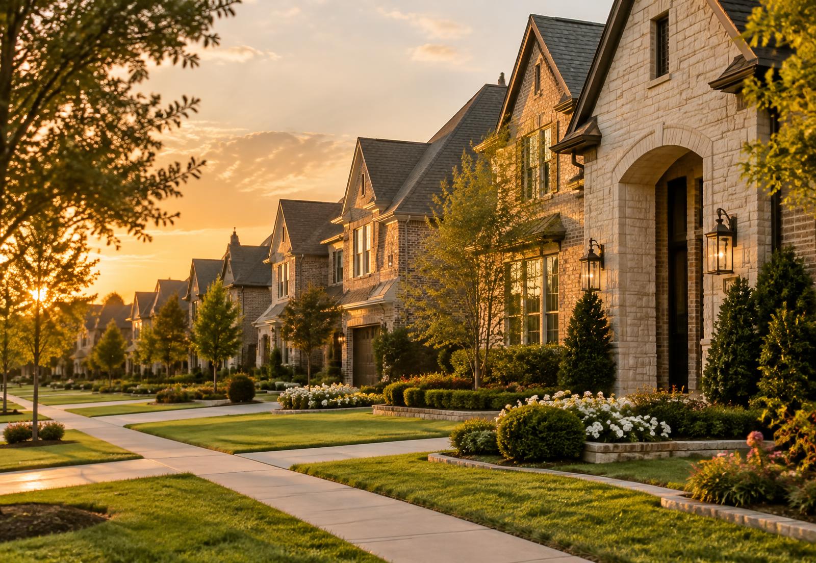 Tree-lined street of upscale Houston area homes at sunset